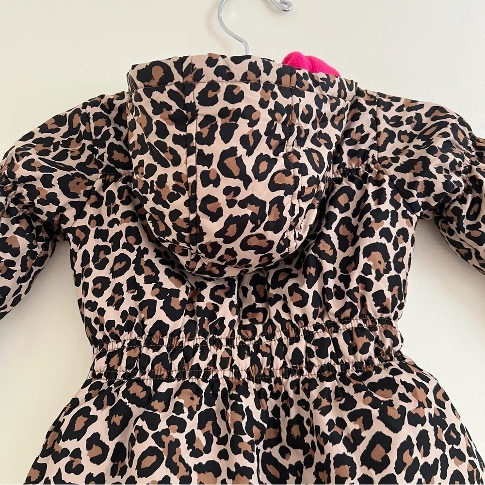 Place 1989 Leopard Print Puffer Jacket Pink Bow 2T Winter Warm Cozy sz 3T‎